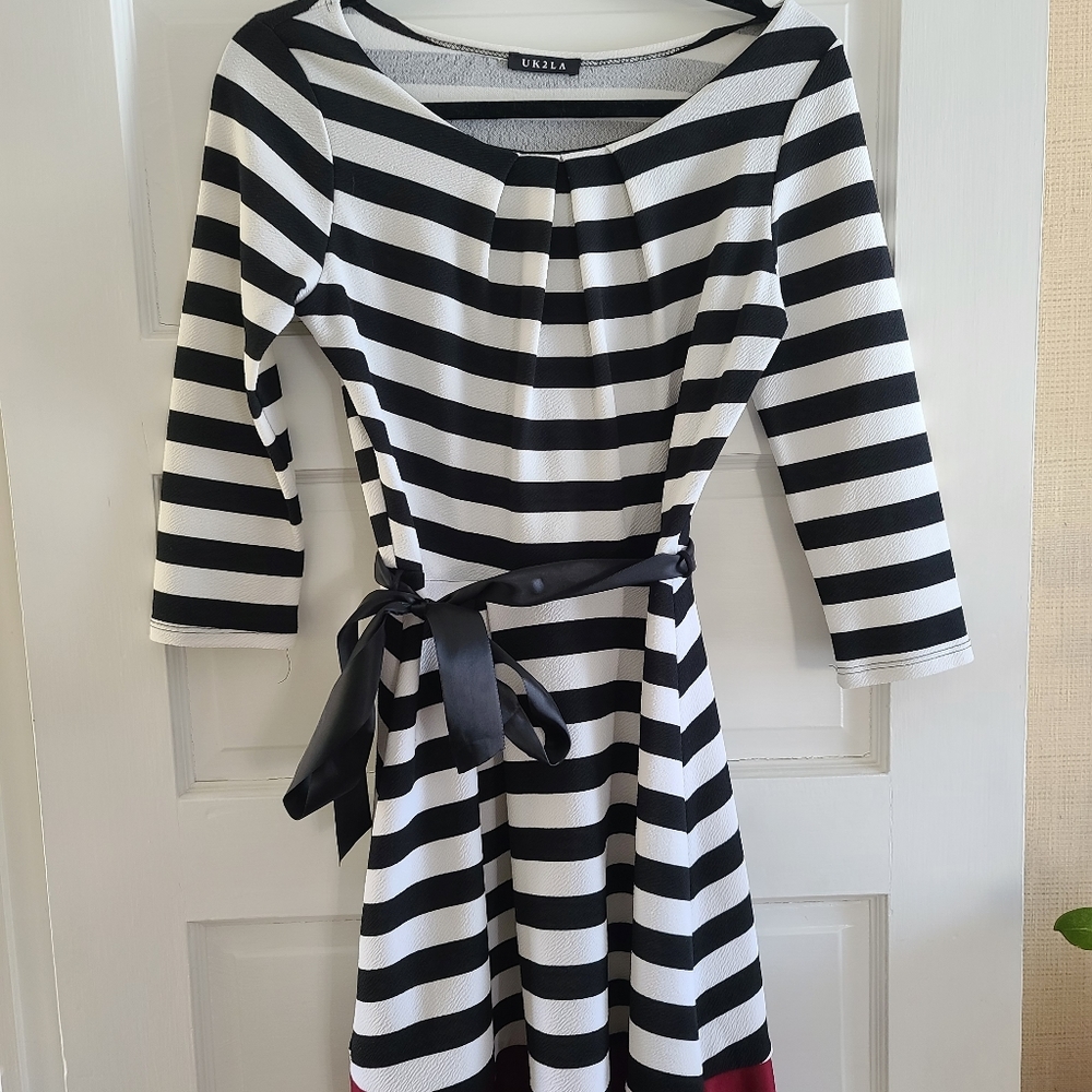 French-Style Striped Dress with Tie at Waist
